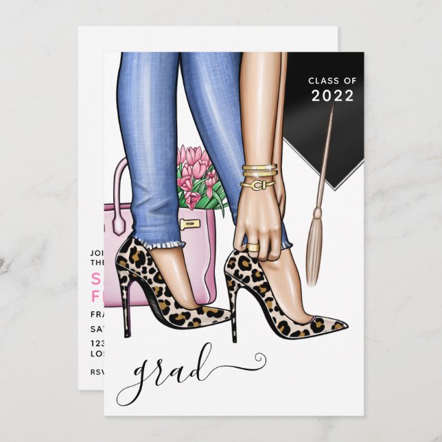 Convites Festa de formatura Rosa e Azul de Moda-Leopardo (Frente/Verso)