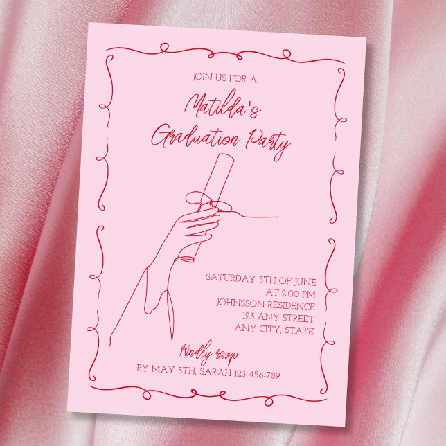 Convites Festa de formatura rosa e vermelha ilustrada desen (Hand Drawn Illustrated Pink & Red Graduation Party Invitation)