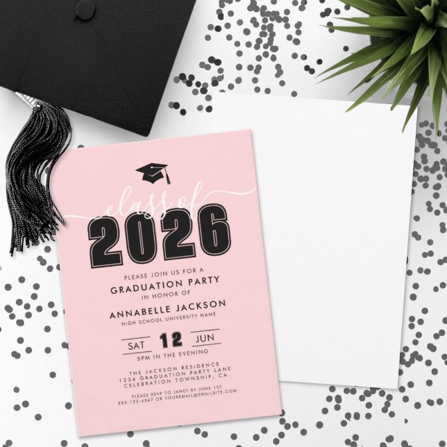 Convites Festa de formatura Rosa Moderno Simples (Simple Modern Pink Graduation Party Invitation)