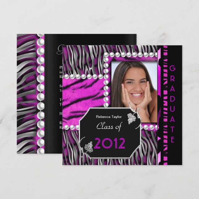 Convites Festa de Formatura Rosa Preto Prata Leopardo Zebra (Frente/Verso)