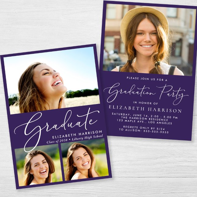 Convites Festa de formatura Roxo de Colagem de Fotos Elegan (An elegant photo graduation party invitation to celebrate the graduate's achievements)