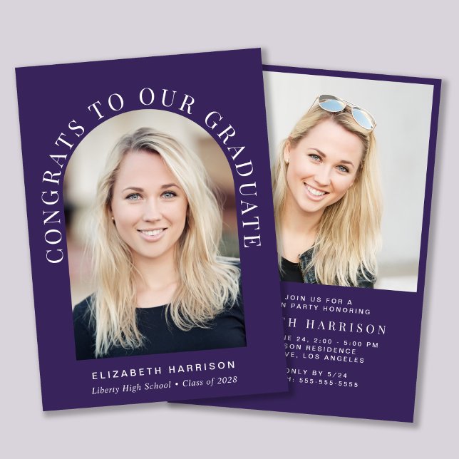 Convites Festa de formatura Roxo de Fotografia em Arch Eleg (An elegant arch photo graduation party invitation to celebrate the graduate's achievements)