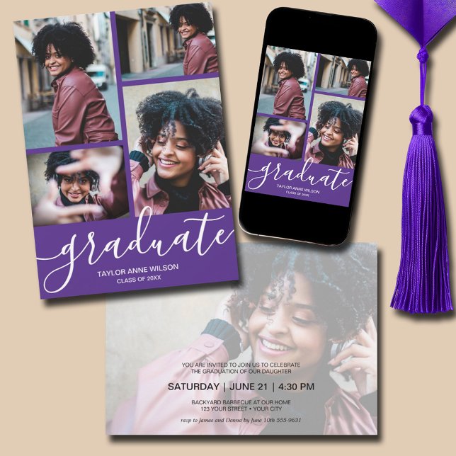Convites Festa de formatura Roxo de Fotografias Múltiplas (Multi Photo Purple Graduation Party Invitations - PRINTED and/or INSTANT DOWNLOAD)