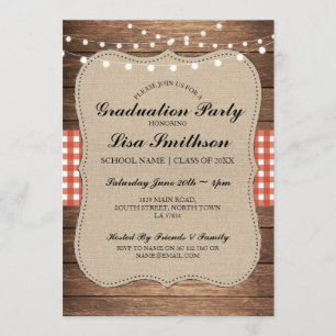 Convites Festa de formatura russa Red Check Wood Invite