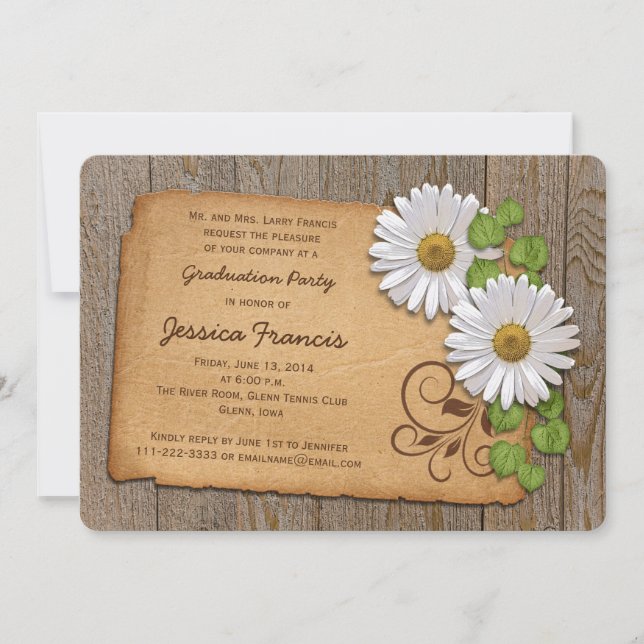 Convites Festa de formatura Rustic White Yellow Daisy Count (Frente)
