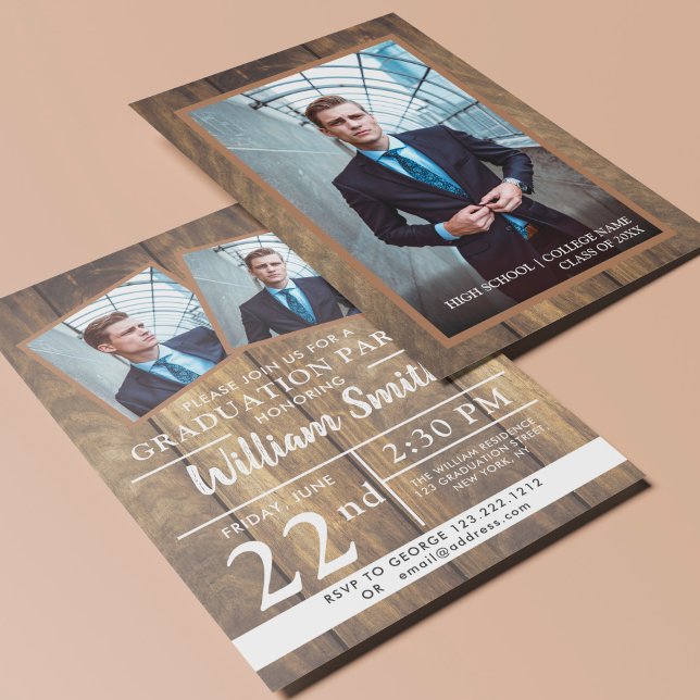 Convites Festa de formatura Rústica De Madeira Com 3 Fotos  (Criador carregado)