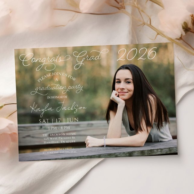 Convites Festa de Formatura Script Moderno Horizontal Photo (Photo Modern Script Horizontal Graduation Party Invitation)