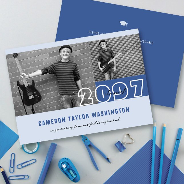 Convites Festa de formatura Simples de Blocos de Foto Azul  (Modern Blue 2 Photo Blocks Simple Graduation Announcement & Party Invitation @ fatfatin)