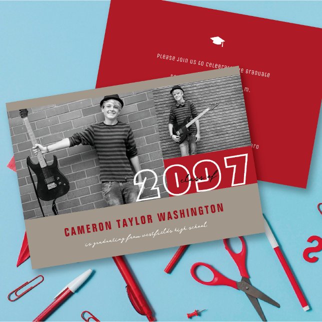 Convites Festa de formatura Simples de Blocos de Foto Verme (Modern Red 2 Photo Blocks Simple Graduation Announcement & Party Invitation @ fatfatin)