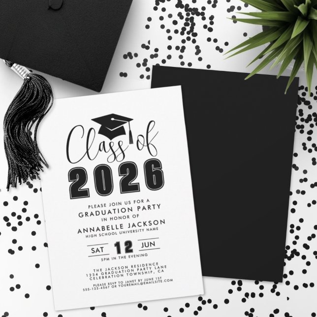 Convites Festa de Formatura Simples Preto e Branco (Simple Black White Graduation Party Invitation)