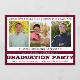 Convites Festa de formatura Três Fotos Maroon e Silver