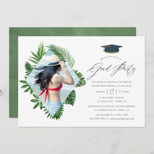 Convites Festa de formatura Tropical de Verão de Aquarela (Frente/Verso)
