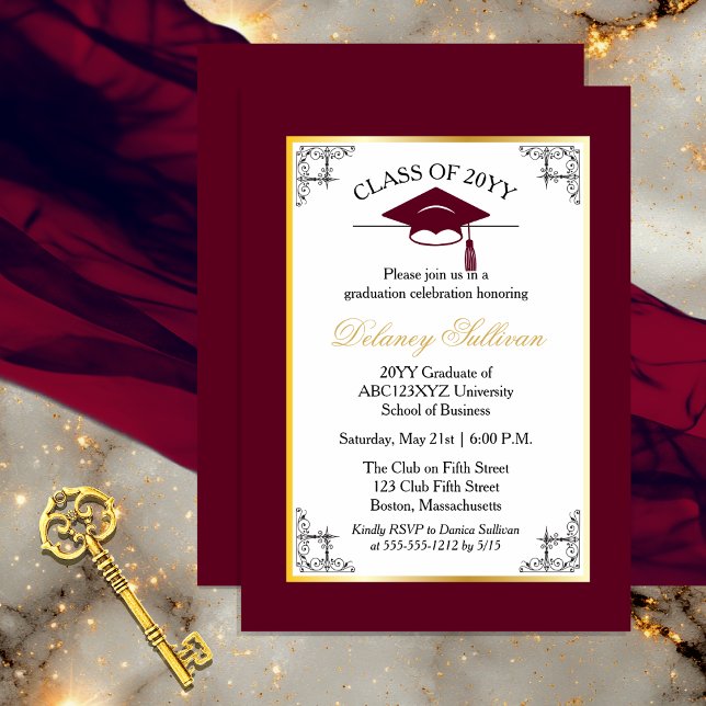 Convites Festa de Formatura Universitária Burgundy Formal E (Elegant Formal Gold Tone and Burgundy College | University Graduation Party Invitation )