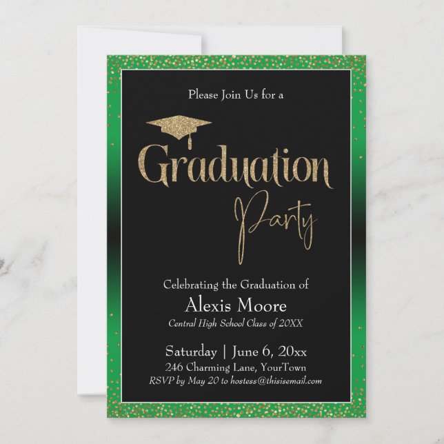 Convites Festa de formatura Verde Brilhante Confetti (Frente)