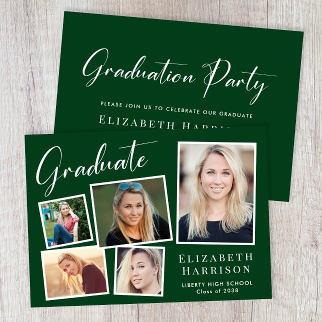 Convites Festa de formatura Verde de Colagem de Fotos Moder (A modern photo collage graduation party invitation to celebrate the graduate's achievements)