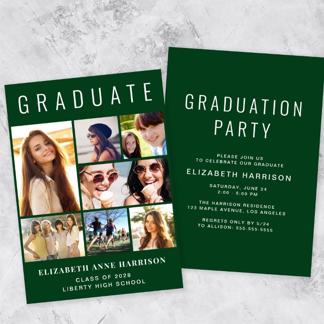 Convites Festa de formatura Verde de Colagem de Fotos Moder (A modern photo collage graduation party invitation to celebrate the graduate's achievements)