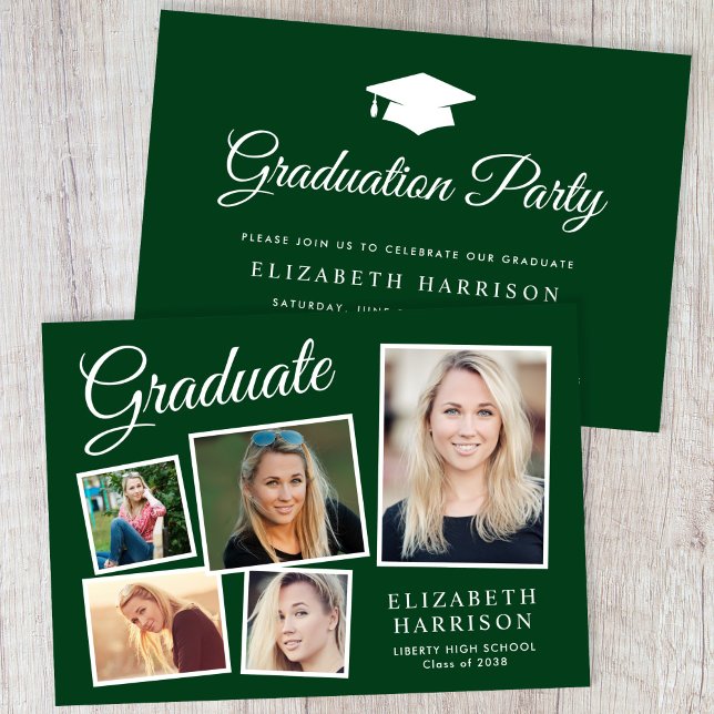 Convites Festa de formatura Verde de Colagem de Fotos Moder (A personalized photo graduation party invitation to celebrate the graduate's achievements)