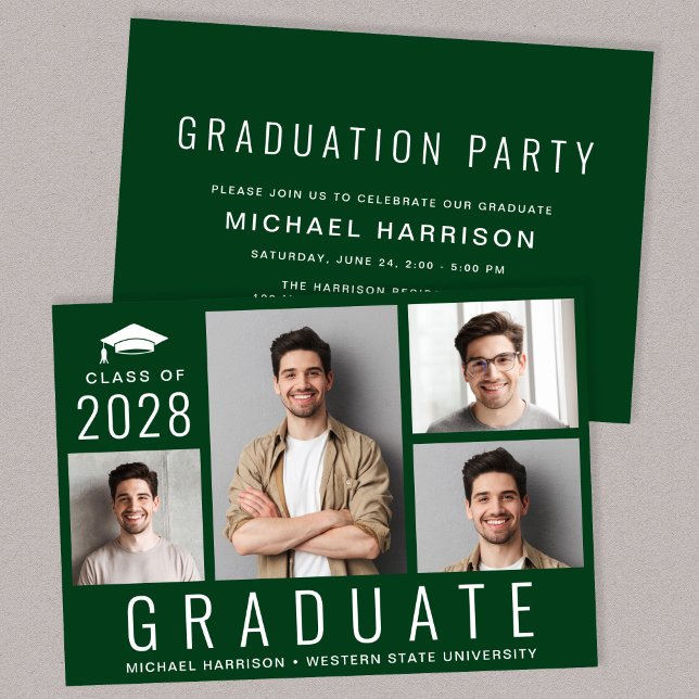 Convites Festa de formatura Verde de Foto Moderna Mínima 4 (A modern photo collage graduation party invitation to celebrate the graduate's achievements)