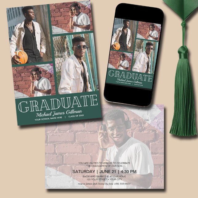 Convites Festa de formatura Verde Escuro de Várias Fotograf (Multi Photo Dark Green Graduation Party Invitations - PRINTED and/or INSTANT DOWNLOAD)