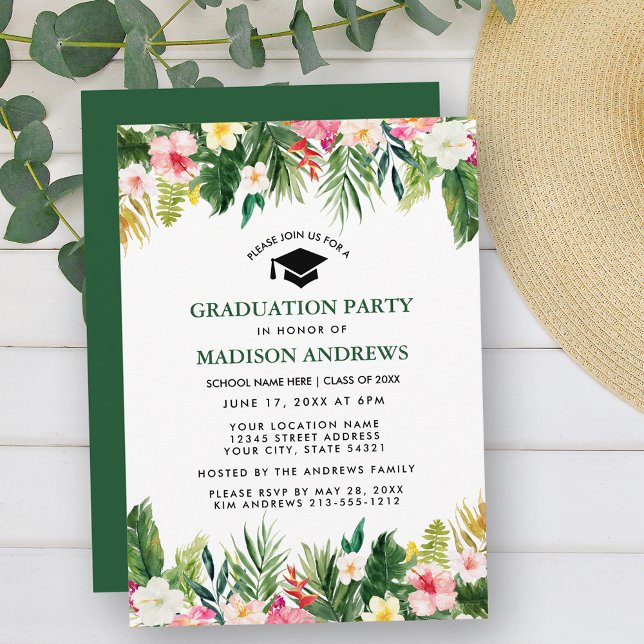 Convites Festa de formatura Verde Floral Tropical (Customize to change text color, style, add text & photos to back or change color of back of card.)