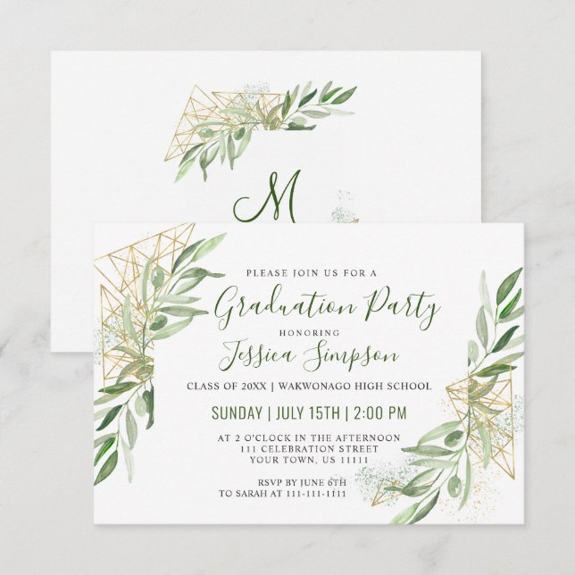 Convites Festa de formatura Verde Moderna Branch Greenery (Frente/Verso)
