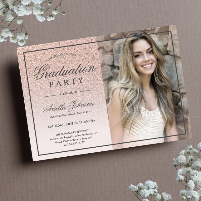 Convites Festa de formatura verde rosa Dourada Glitter ombr (Rose Gold Graduation Party Invitation)