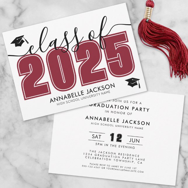 Convites Festa de formatura Vermelha Moderna Simples (Simple Modern Red Graduation Party Invitation)