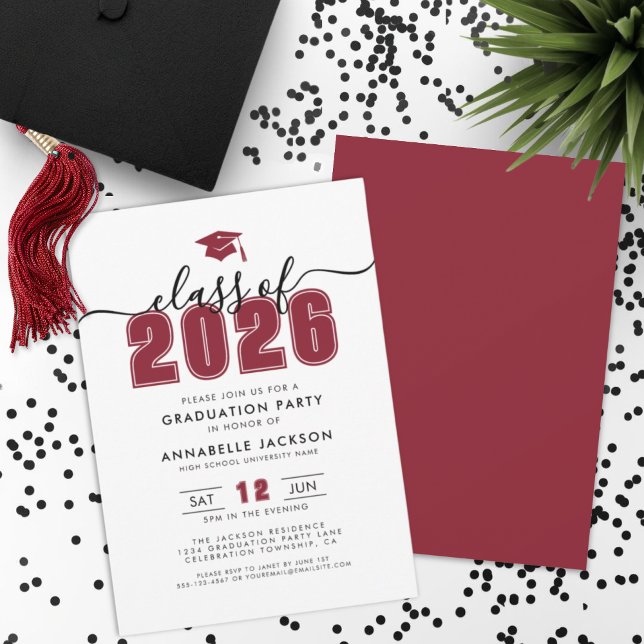 Convites Festa de Formatura Vermelha Simples Moderna (Simple Modern Red Graduation Party Invitation)