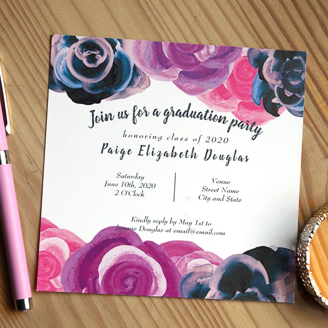 Convites Festa de formatura violeta, Rosa botânica azul (Violet, pink, blue big roses botanical graduation party invitation)