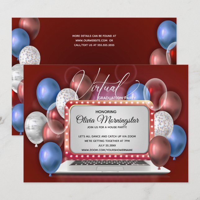 Convites Festa de formatura Virtual de Laptop Vermelho Bran (Frente/Verso)