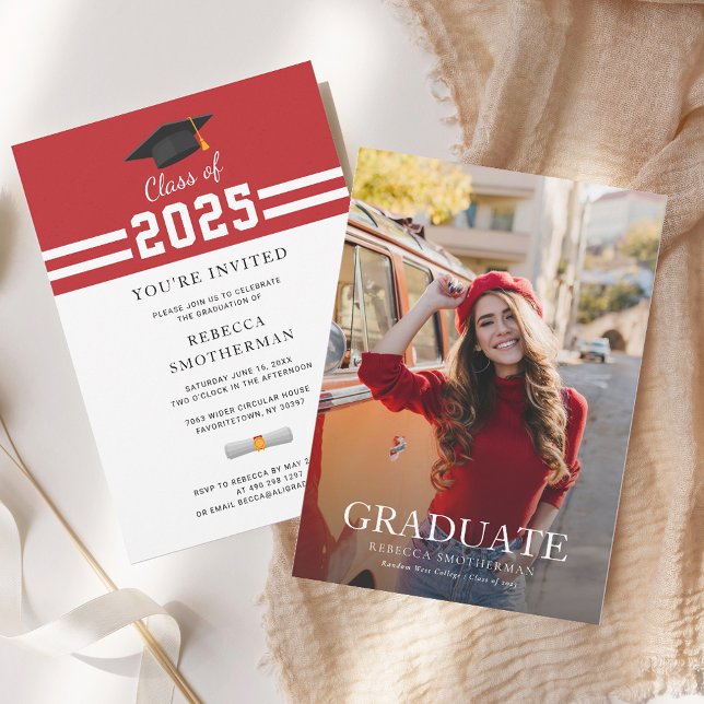 Convites Festa de Foto de Graduação 2025 (Graduation 2025 Party Red White Vertical Party Invitation)
