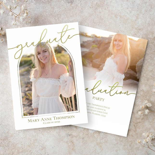 Convites Festa de Foto de Graduação de Script Dourado (Graduation gold calligraphy script invitation)