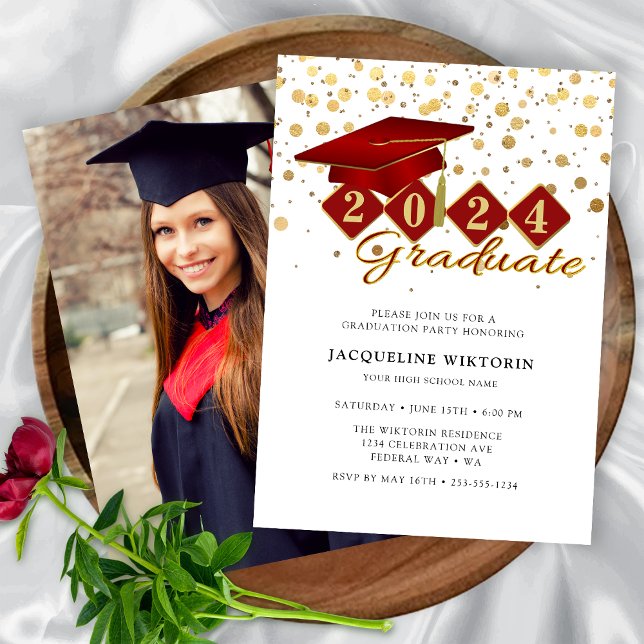 Convites Festa de Foto de Graduação Dourada Vermelha Elegan (Elegant Red Gold Graduation Photo Party Invitation)