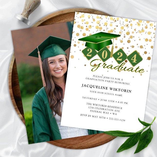 Convites Festa de Foto para Graduação Dourada Verde Elegant (Classic Green Gold Graduation Photo Party Invitation)