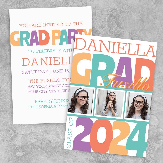Convites Festa de Fotografia 3 Sobredimensionada para Vertr (Modern Retro Oversized 3 Photo Graduation Announcement Grad Party Invitation)