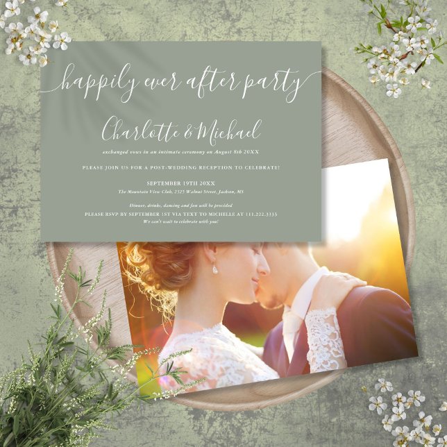 Convites Festa de Fotografia de Casamento Feliz para Sempre (Sage Green Happily Ever After Party Wedding Photo Invitation)