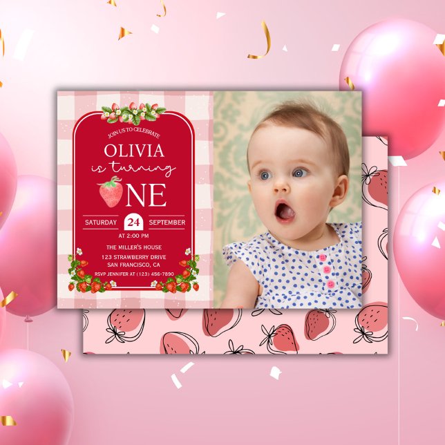Convites Festa de Fotografia do primeiro aniversario de Mor (Strawberry 1st birthday girl photo party invitation)