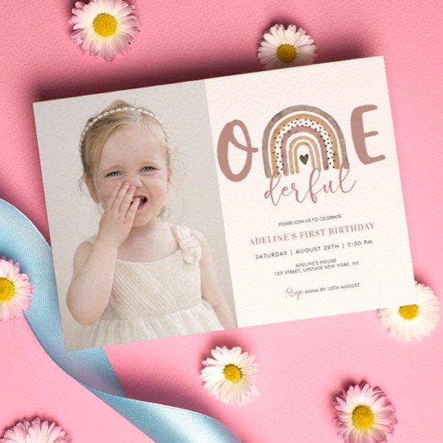 Convites Festa de Fotografia Maravilhosa da primeiro aniver (Onederful cute birthday party template 1st Birthday Girl Boho Rainbow Watercolor)