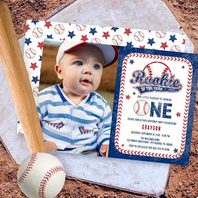 Convites Festa de Fotografias Frente do Baseball Rookie (Baseball Rookie of the Year Boy's 1st Birthday Party Photo Invitation)