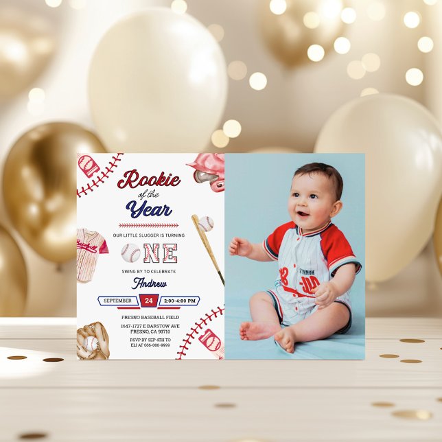 Convites Festa de Fotos de 1º Aniversário do Pequeno Rebate (Baseball 1st birthday party horizontal invitation with photo)