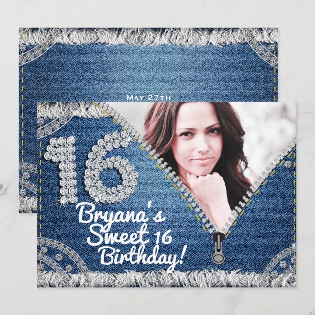 Convites Festa de Fotos Denim & Diamonds Jean Zipper Sweet  (Frente/Verso)