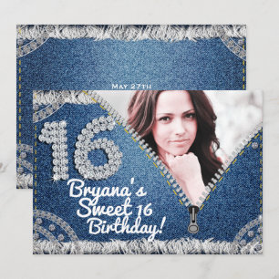 Convites Festa de Fotos Denim & Diamonds Jean Zipper Sweet 