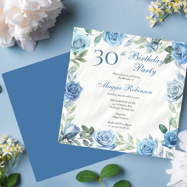 Convites Festa de Frame Floral de Rosa Azul Elegante (Elegant Blue Floral Frame 30th Birthday Party Invitation - Available in Print and/or Download)