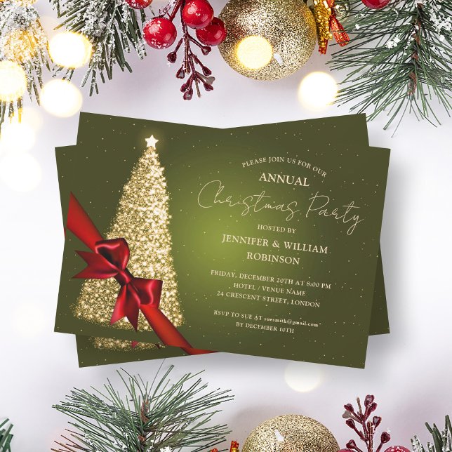 Convites Festa de Friso de Férias da Árvore Verde Elegante  (Elegant Gold Green Xmas Tree Ribbon Holiday Party Invitation)
