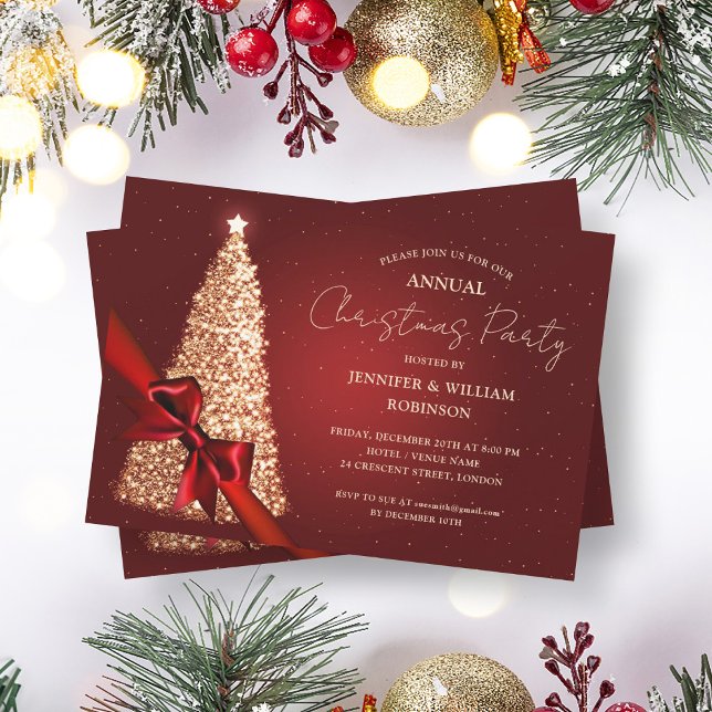 Convites Festa de Friso de Férias da Árvore Vermelha Dourad (Elegant Gold Red Xmas Tree Ribbon Holiday Party Invitation)