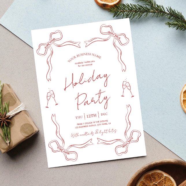 Convites Festa de Funcionarios de negócios de Feriado Verme (Elegant unique red & white Christmas Party Business Invitation with fully editable text & colors)