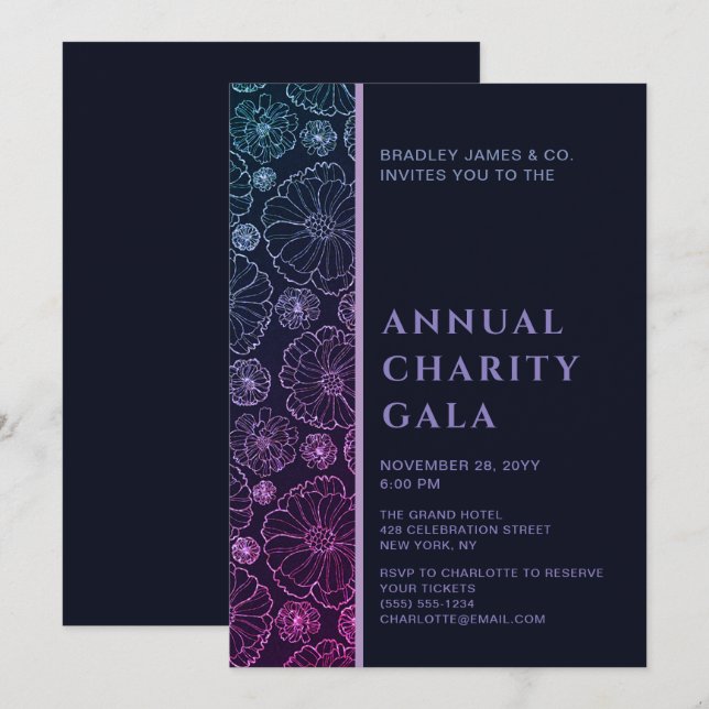 Convites Festa de Gala de Elegante Blue Botanic Charity Eve (Frente/Verso)