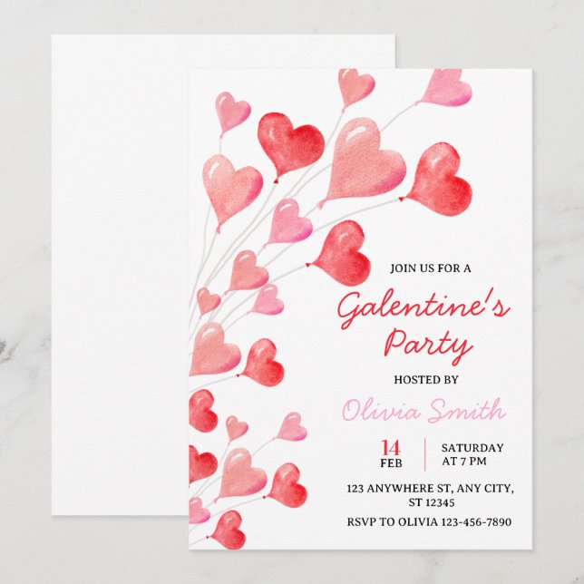 Convites FESTA DE GALENTINES DAY COM BALÕES DE Aquarela (Frente/Verso)
