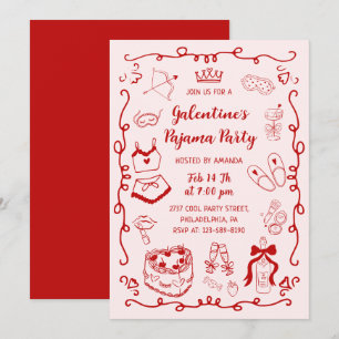 Convites Festa de Galentine's Day de Pijama Desenhada à Mão