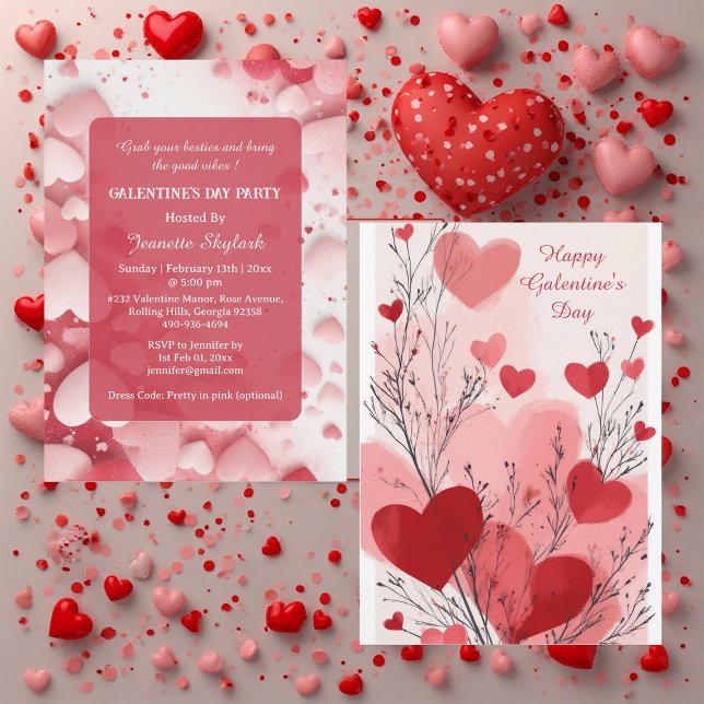 Convites Festa de Galentine's Day Pastel Corações Marfim Mo (Pastel Galentine's Day Party Hearts Modern Ivory Invitation)